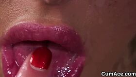 Hot babe in blowbang receiving cum facial and bukkake eating all the jizz