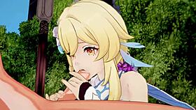 Lumine gathers alchemy ingredients in Genshin Impact