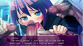 In this anime hentai game, a group of characters engage in a blowbang scenario with cum and banging
