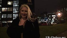 Watch this blonde babe flashing in lingerie outdoors?