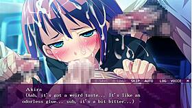 In this anime hentai game, a group of characters engage in a blowbang scenario with cum and banging