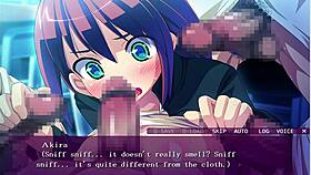 In this anime hentai game, a group of characters engage in a blowbang scenario with cum and banging