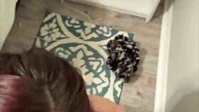 Big booty white girl blows plumber rides dick swallows cum