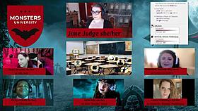 i'm roleplaying as a monster at university with cassie cummings and others on the desk