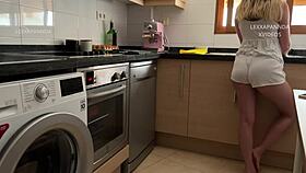 Cute 18 19 yo gets kitchen blowjob and masturbation fuck!