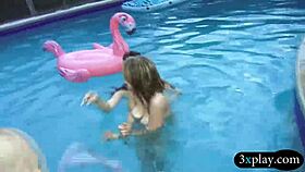 Two Bikini Girls Suck and Fuck Hard by the Pool with Big Cocks