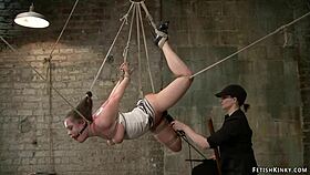 brunette bound in hogtie suspension, toyed with pain and punishment 😈