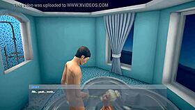 Janice twists in the bathroom