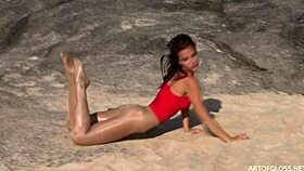 i saw monika in shiny pantyhose on the beach from artofgloss net