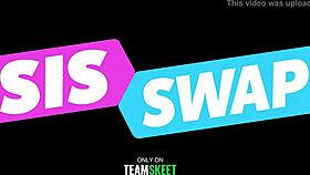 Blonde babes in bikinis get surprised by stepbrothers for a hot foursome in the bedroom.