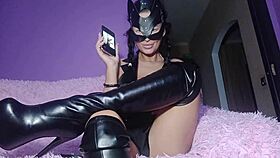 brunette femdom instructs on rating cocks during bdsm sex in the bedroom, dominating with her pussy