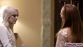 kenna james and madi collins kiss, finger, trib, and squirt on the sofa