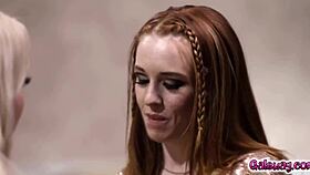 kenna james and madi collins kiss, finger, trib, and squirt on the sofa