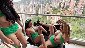 Exhibitionist whores eat pussy on balcony