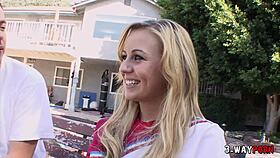 Yo, check this blonde cheerleader getting drilled outside by two guys in a hot 3-way!