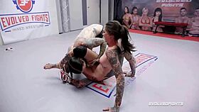 Rocky Emerson engages in nude wrestling against Ruckus, getting face fucked and pleasured with hardcore blowjob and pussy sex.