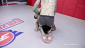 Rocky Emerson engages in nude wrestling against Ruckus, getting face fucked and pleasured with hardcore blowjob and pussy sex.