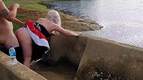 blonde slut gives intense blowjob in public lagoon pov