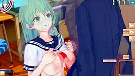 Sanae from touhou gets her big tits rubbed in hentai game