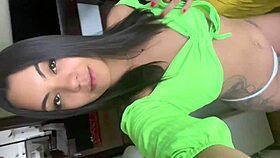 Tattooed brunette prostitute begs for pussy fucking on the chair in fetish scene