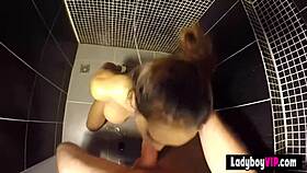 Chained in the bathroom, she gives a rough blowjob.