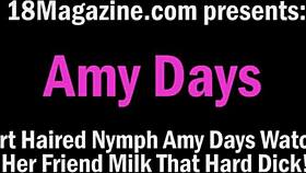 Hey, watch short-haired nymph Amy Days help milk that hard cock