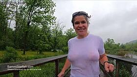 Soaking Wet White Leggings on a Sexy Milf Flashing in Public Outdoors