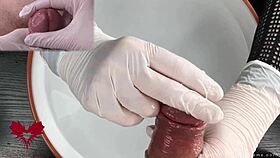 patient pov gets wild with white latex gloves during glans handjob close up