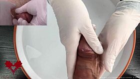 patient pov gets wild with white latex gloves during glans handjob close up
