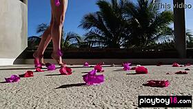 Skinny all-natural Elena Generi displays her tiny 18+ boobs and hairy pussy outdoors