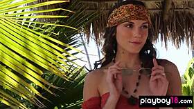 Skinny all-natural Elena Generi displays her tiny 18+ boobs and hairy pussy outdoors