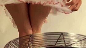 Fan service in see-through lingerie top, showing brunette pussy and tits