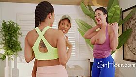 Fucking our sexy lesbian trainer in a threesome.