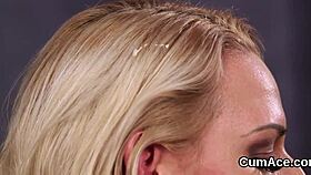 frisky bombshell slurps every drop of sperm load on face! 😜