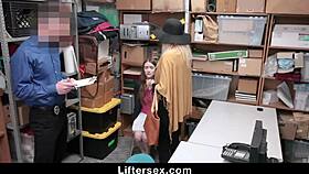 That sexy teen thief got caught and banged hard in an office threesome