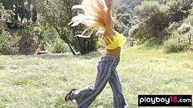 Blondie Jillisa Lynn reveals her big natural boobs and shaved pussy outdoor.