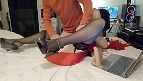 amoul solo in satin lingerie, white slut works thong and heels.