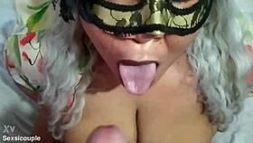 Amateur performs blowjob and cumshots on ebony hotwife in interracial cuckold scene.