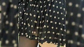 Babe fucks dildo in public construction area wearing stockings and heels