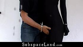 Slave in black suit handcuffed for bondage fantasy!