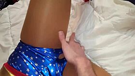 WONDER WOMAN COSPLAY GETS FUCKED IN PANTYHOSE AND BOOTS. SHE LOVES THE NYLON FETISH.