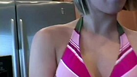 Sweet babe licks banana in lingerie photoshoot