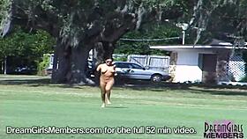 Wild latina streaks across a public golf course