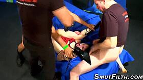 fucked and bukkaked skank feels intense pleasure in group blowbang