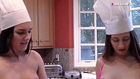 teen bakers sharing cock in kitchen threesome