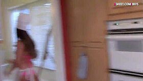 teen bakers sharing cock in kitchen threesome