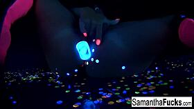 Samantha Saint gets off in a super hot black light solo, intriguing blonde pornstar with big tits