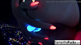 Samantha Saint gets off in a super hot black light solo, intriguing blonde pornstar with big tits