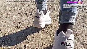 Girl Plays With Sweaty Fila Sneakers And Wet Nylons