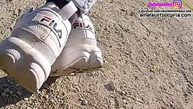 Girl Plays With Sweaty Fila Sneakers And Wet Nylons